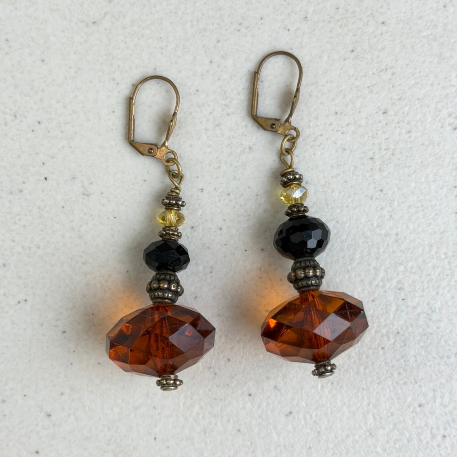 Vintage Chunky Bead Chandelier Dangle Earrings 90s Crystal Acrylic Bronze Black