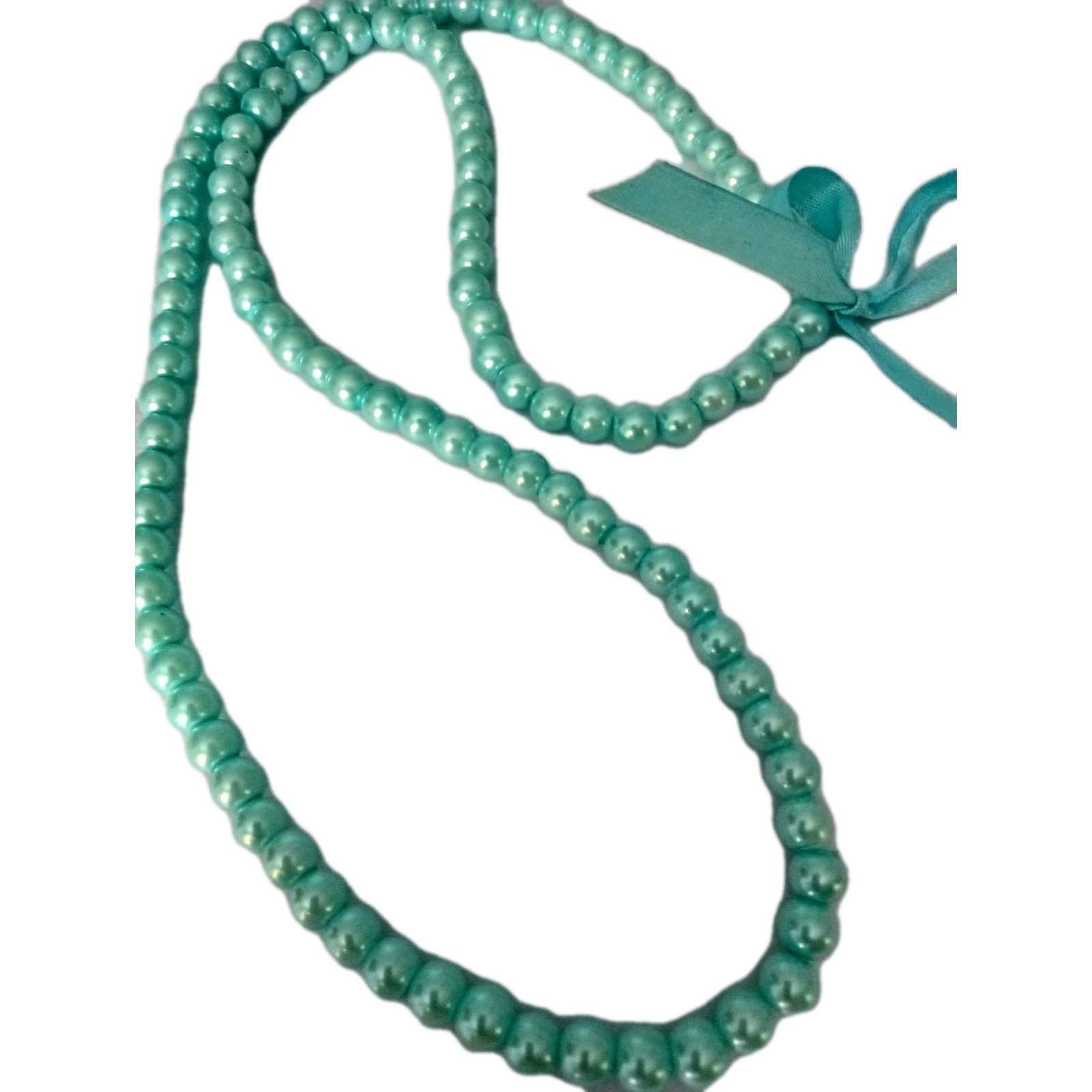 Vintage Faux Pearl Aqua Necklace Ribbon for Bow 30 in No Clasp