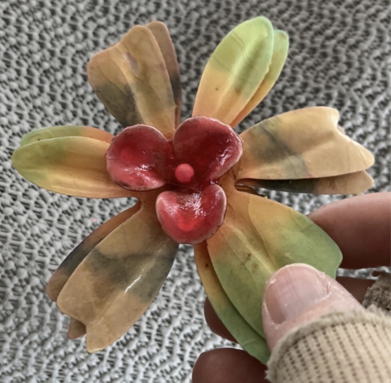 Vintage Large Enamel Flower Pin – lightweight not metal – papier mache? resin?