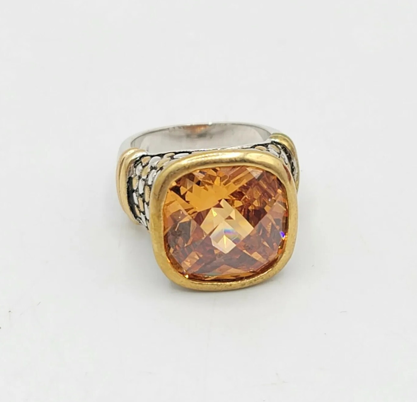 Vtg Sz 7 Ring Lg Citrine Topaz Cubic Zirconia Roman Brutalist Theme Jewelry Dot