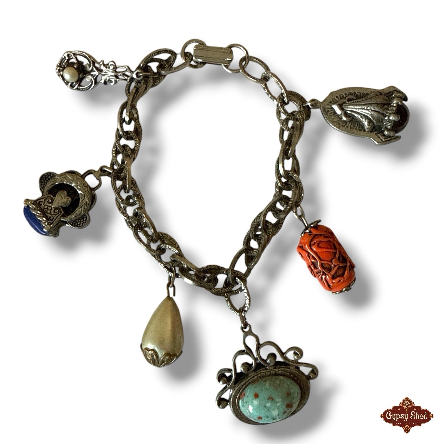 Rare Etruscan Revival Chunky Charm Bracelet Heart Cameo Silver Tone Cable Link