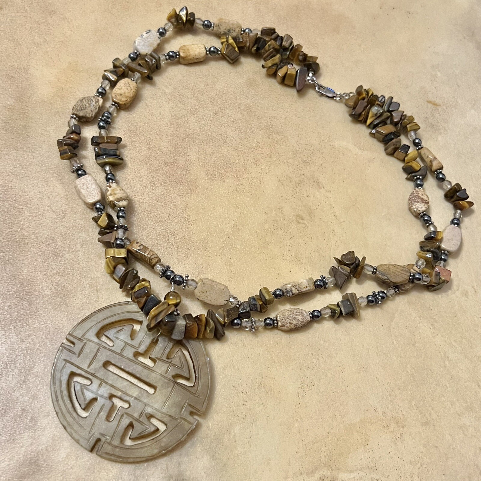 Vintage Asian Jade Carved Stone Pendant, Tigers Eye Beads, Sterling Silver Clasp