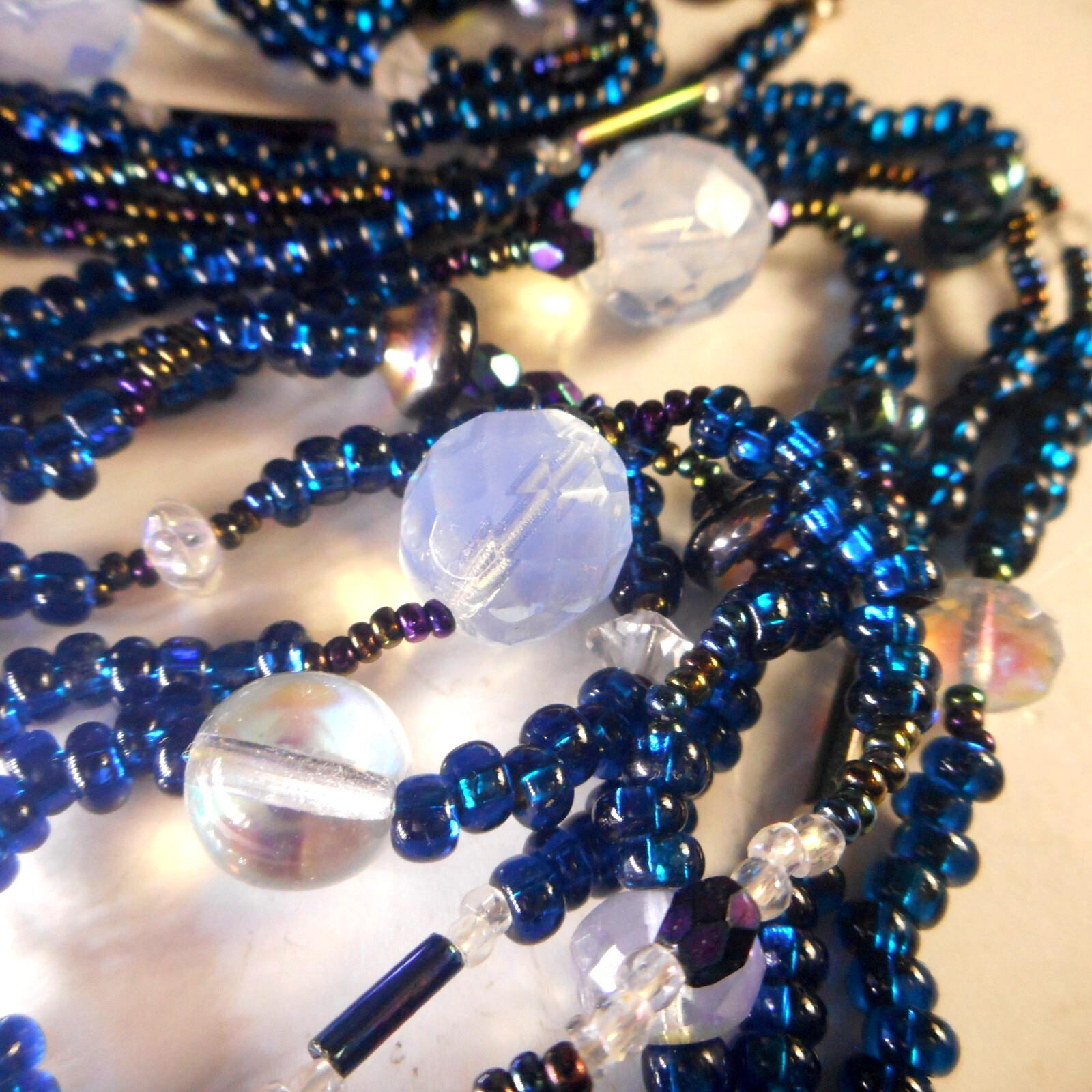 Artisan Milk Crystal Blue Glass 3 Strand Beaded Necklace 925 Hook Clasp 22″