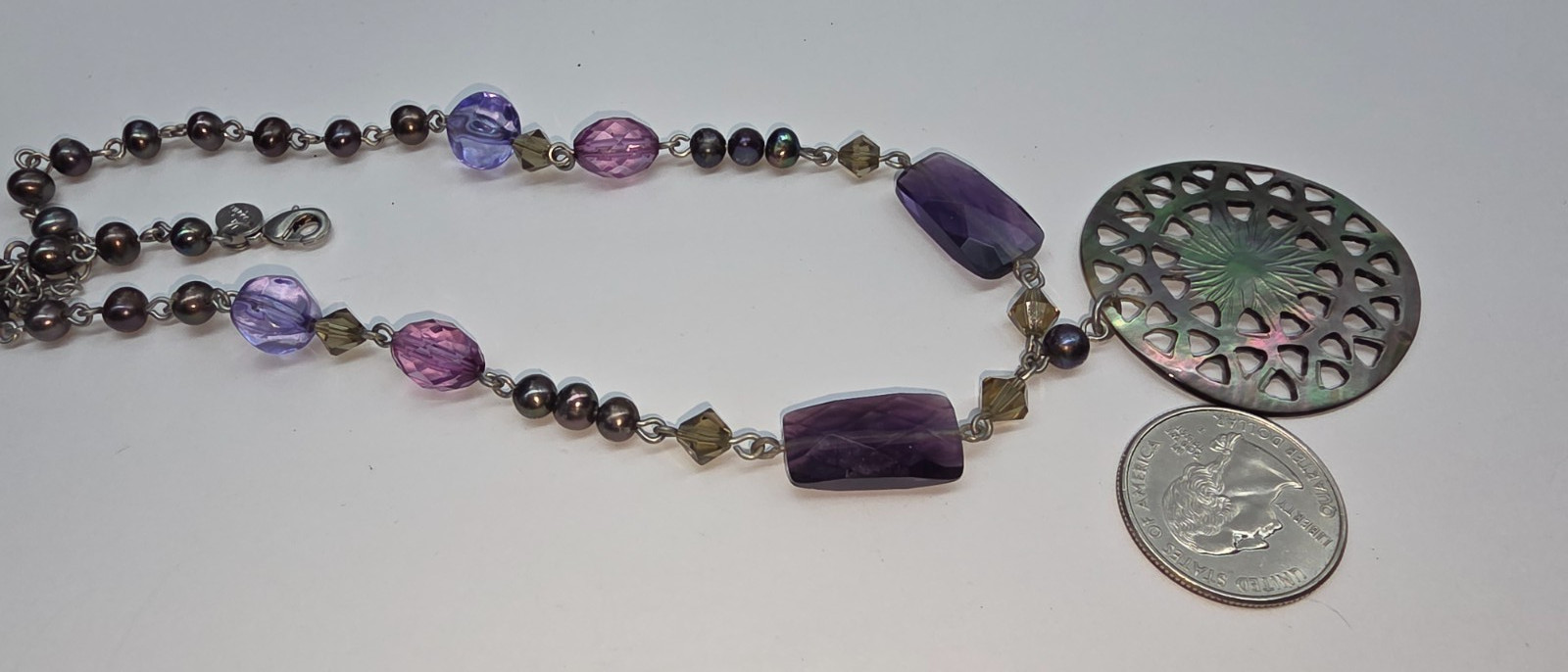 Signed Lia Sophia MOP Peacock Pearl Purple Pink Crystal Acrylic Necklace Vintage