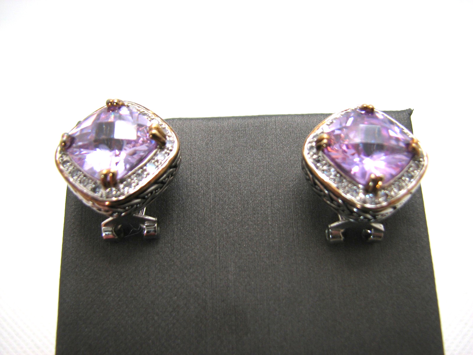 Vintage Brilliant Cushion Cut Amethyst CZ Halo Pierced Earrings Two-Tone Metal