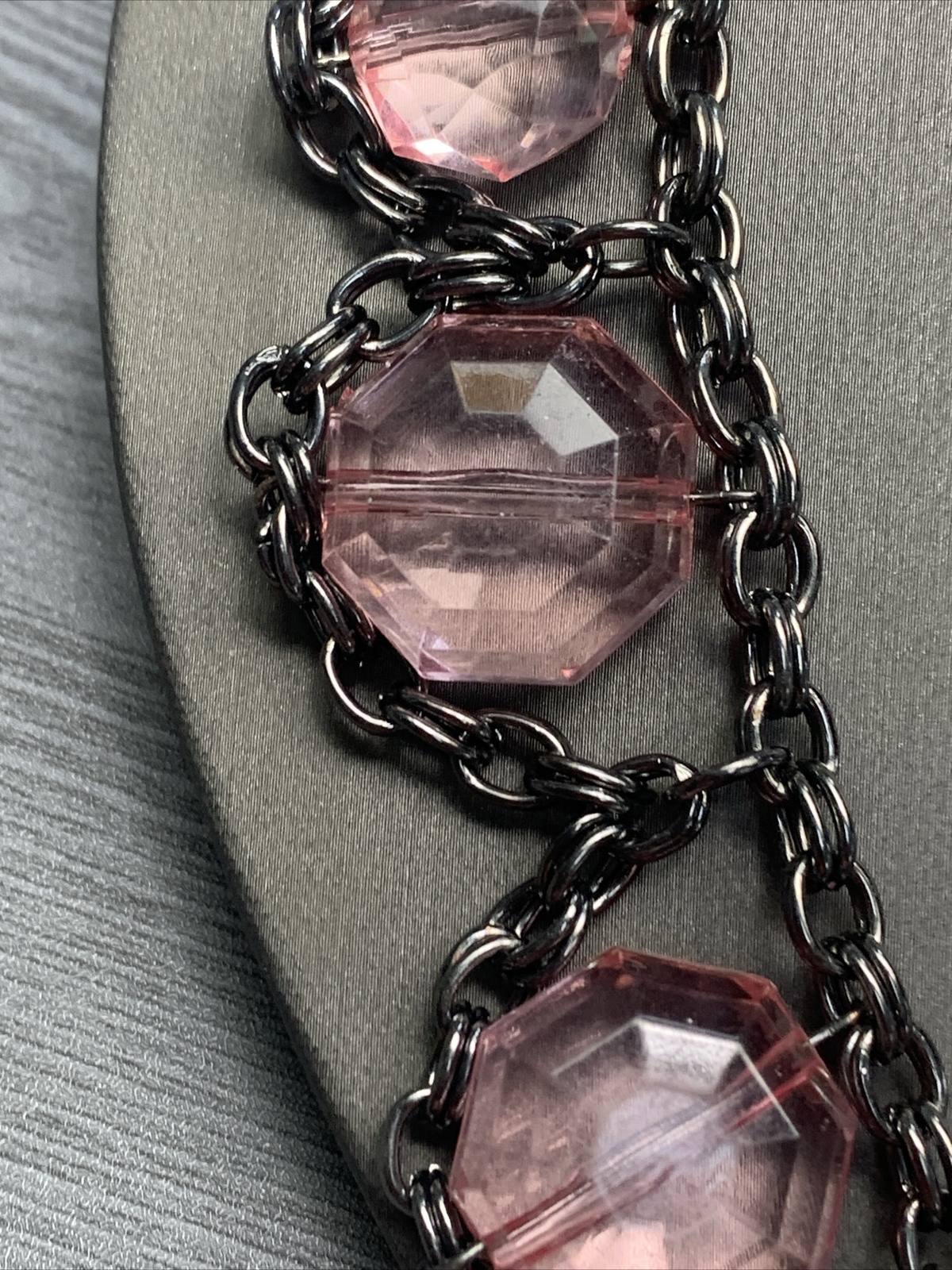 Vintage Beaded Necklace 18” Boho Pink, Gunmetal, Gray, Bib Statement