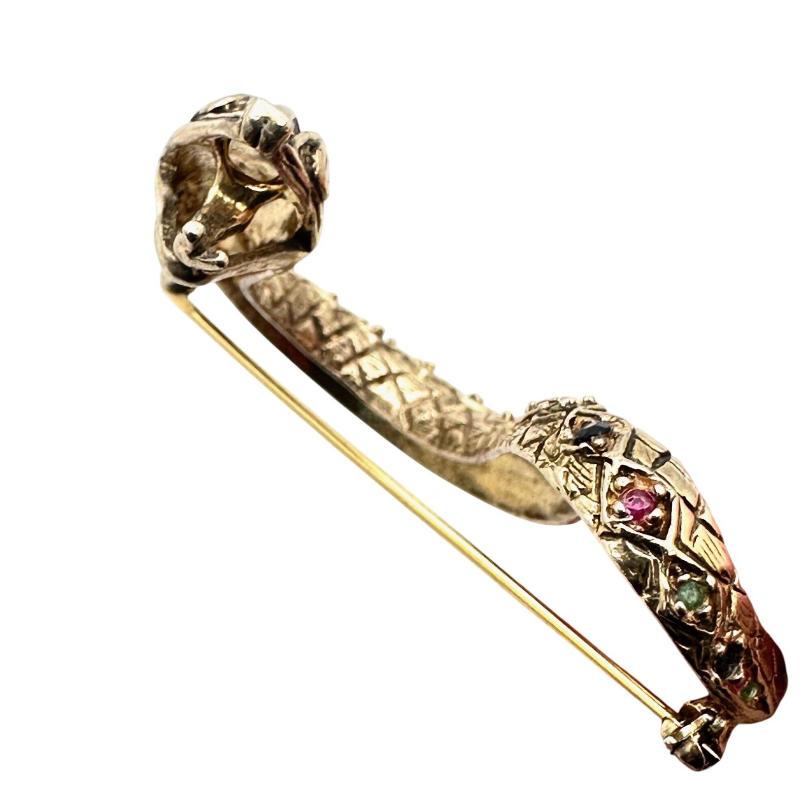 Vintage Ruby Sapphire Emerald Gold Over Sterling Silver Snake Brooch Estate