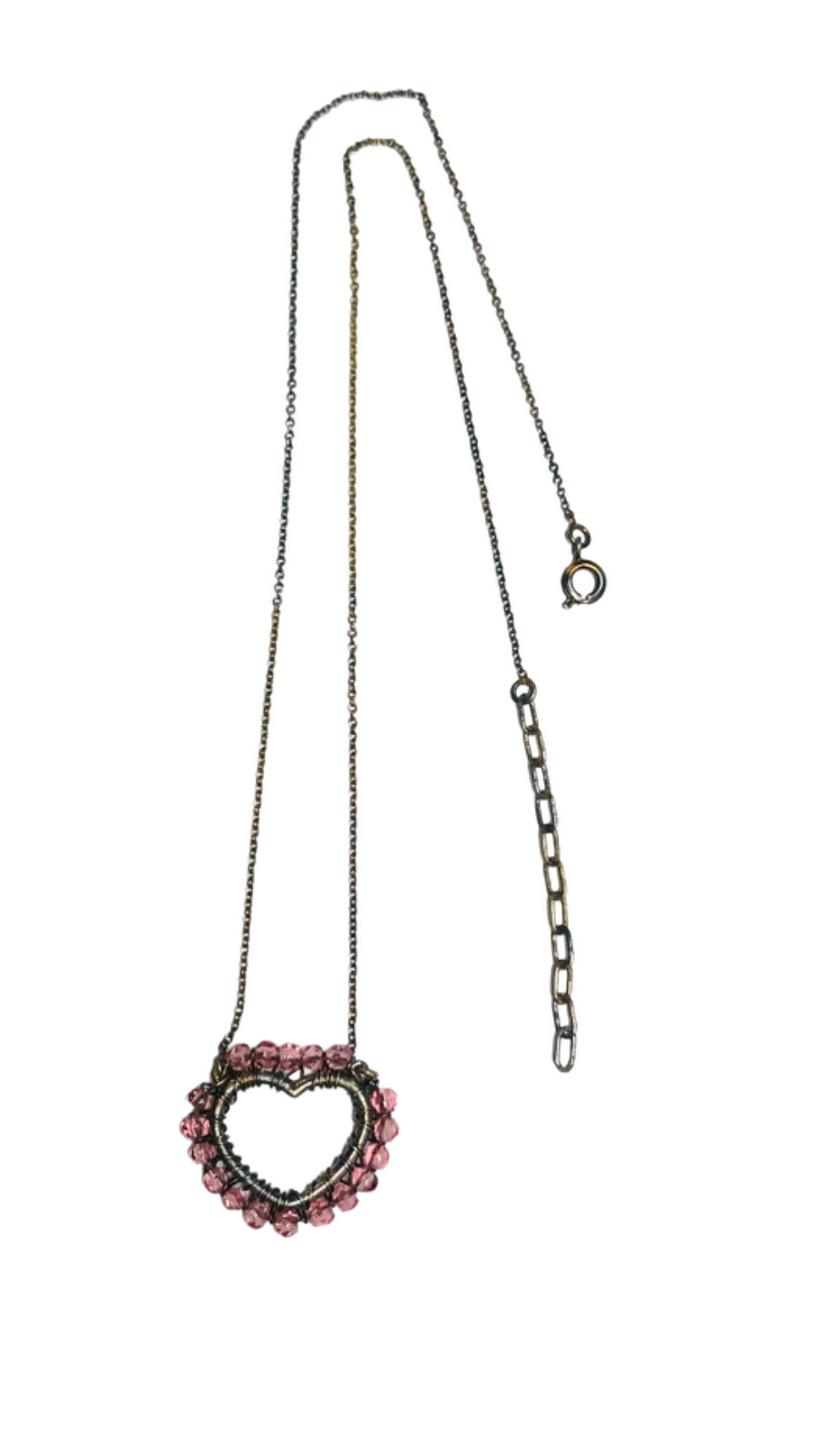 Vintage Antique Gold Tone Wire Wrapped Pink Beads Heart Pendant Necklace 19.5”