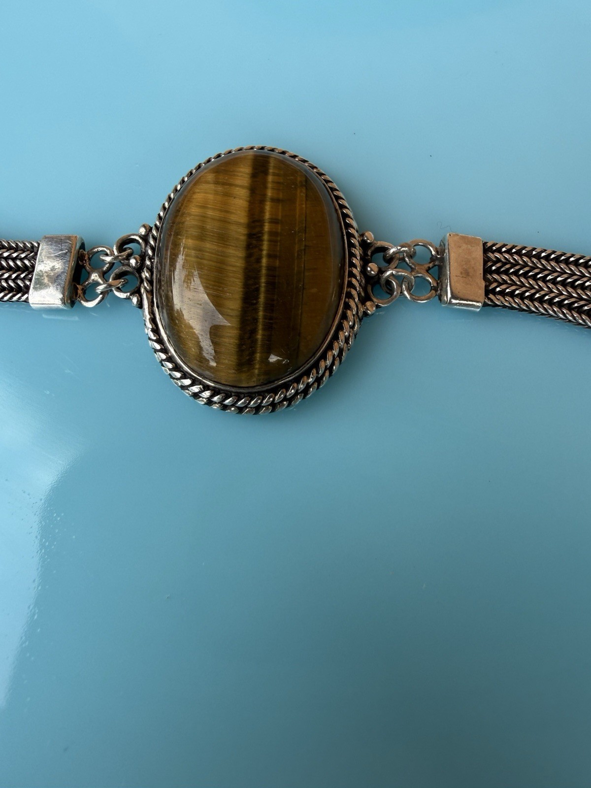 Vintage Sterling Silver 925 Large Oval Tigers Eye Bracelet Hook Clasp 35.4g