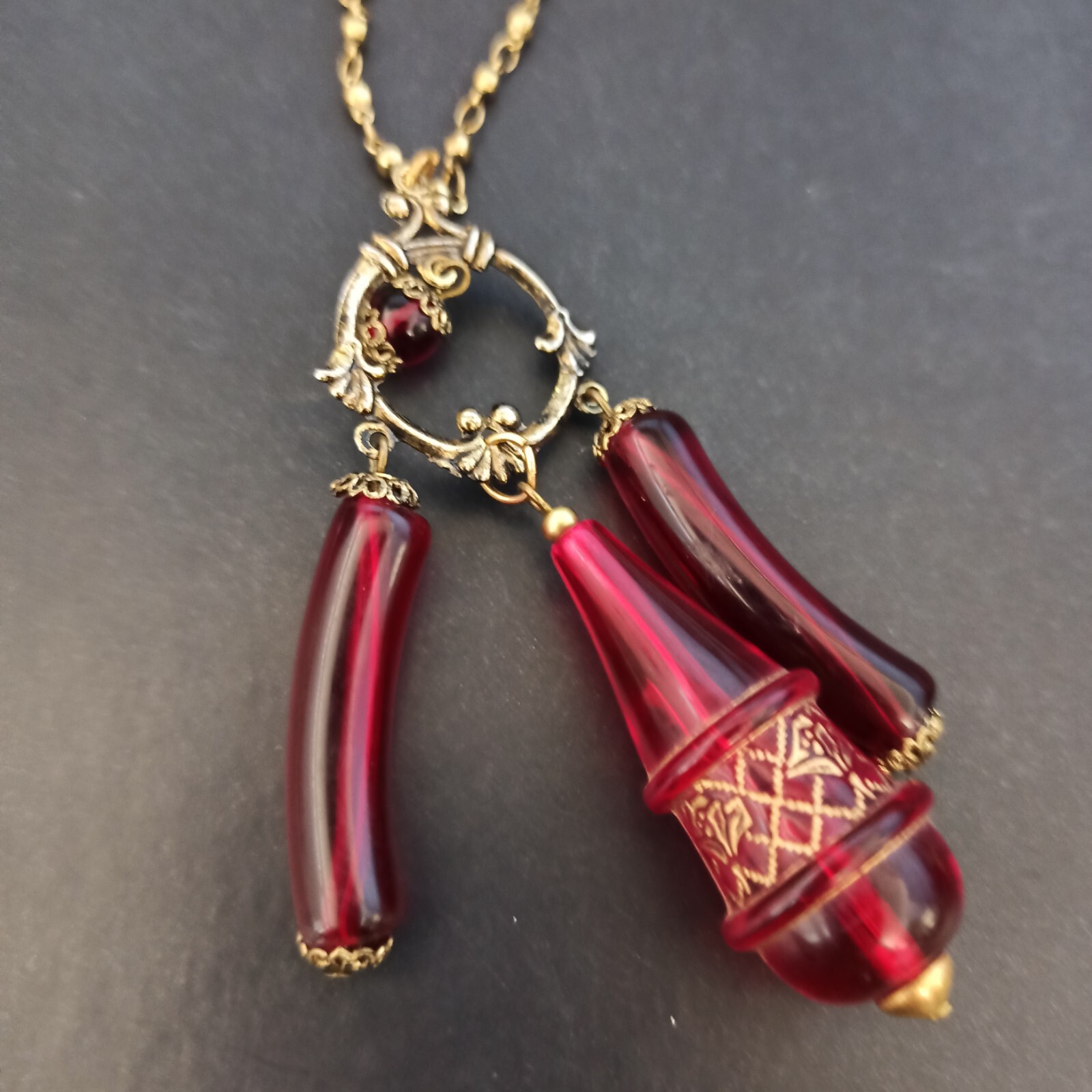 Vintage Red Necklace Rosary Beaded Tassel Long Lucite Art Deco Revival 23″ Boho