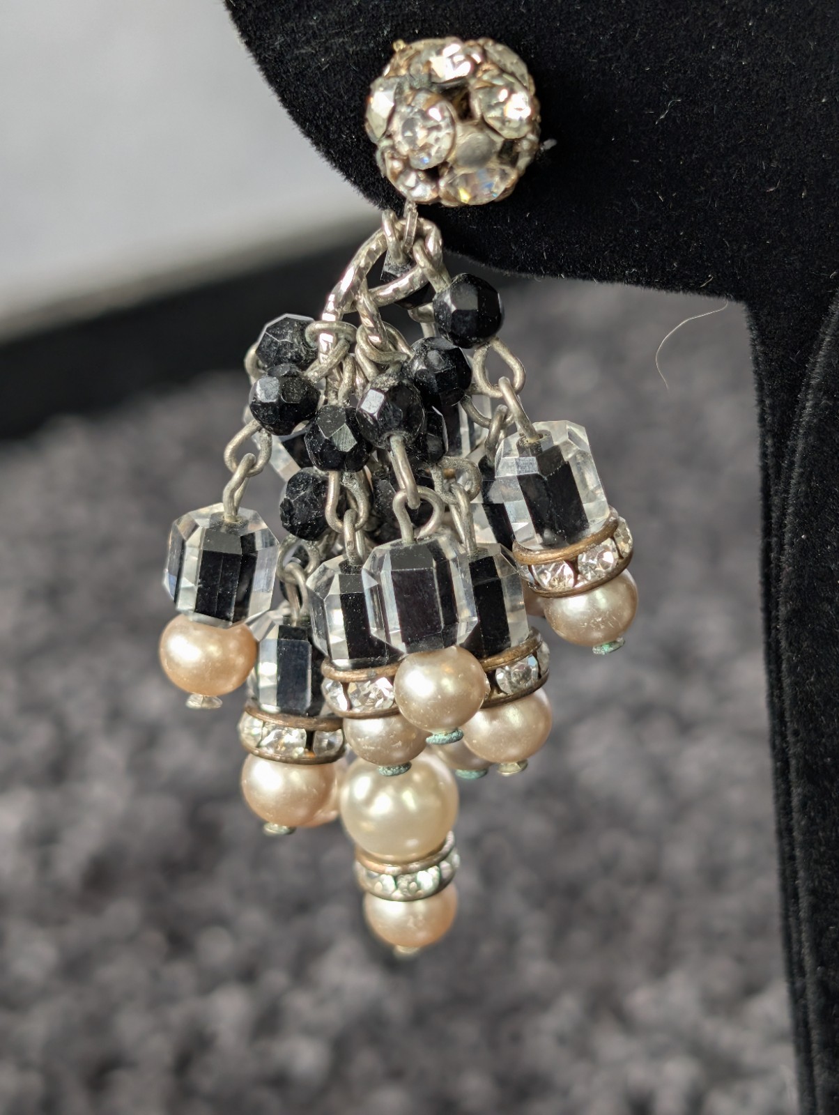 Vintage Vendome? Black & Clear Givre Glass Czech Beads Chandelier Clip Earrings