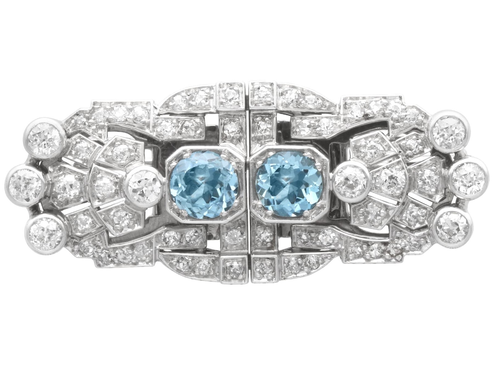 1.52Ct Aquamarine and 2.92Ct Diamond, 18k White Gold Double Clip Brooch
