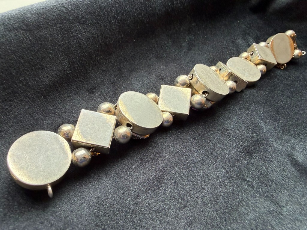 Victorian Revival Slide Bracelet with Gemstone and Shell Charms Vintage 7.5″