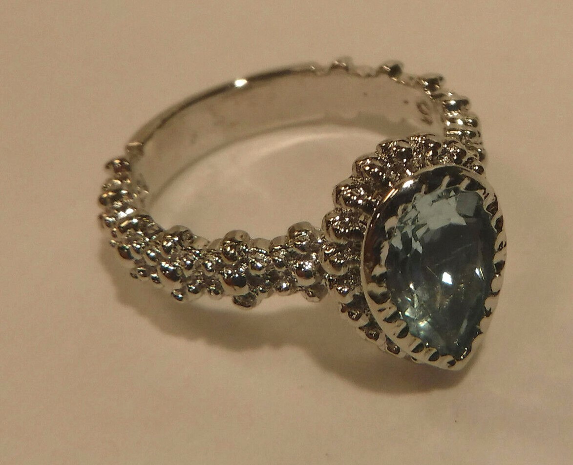 New 1.45CT Pear Cut Aquamarine (Beryl) & Platinum Over Sterling Silver 925 Ring