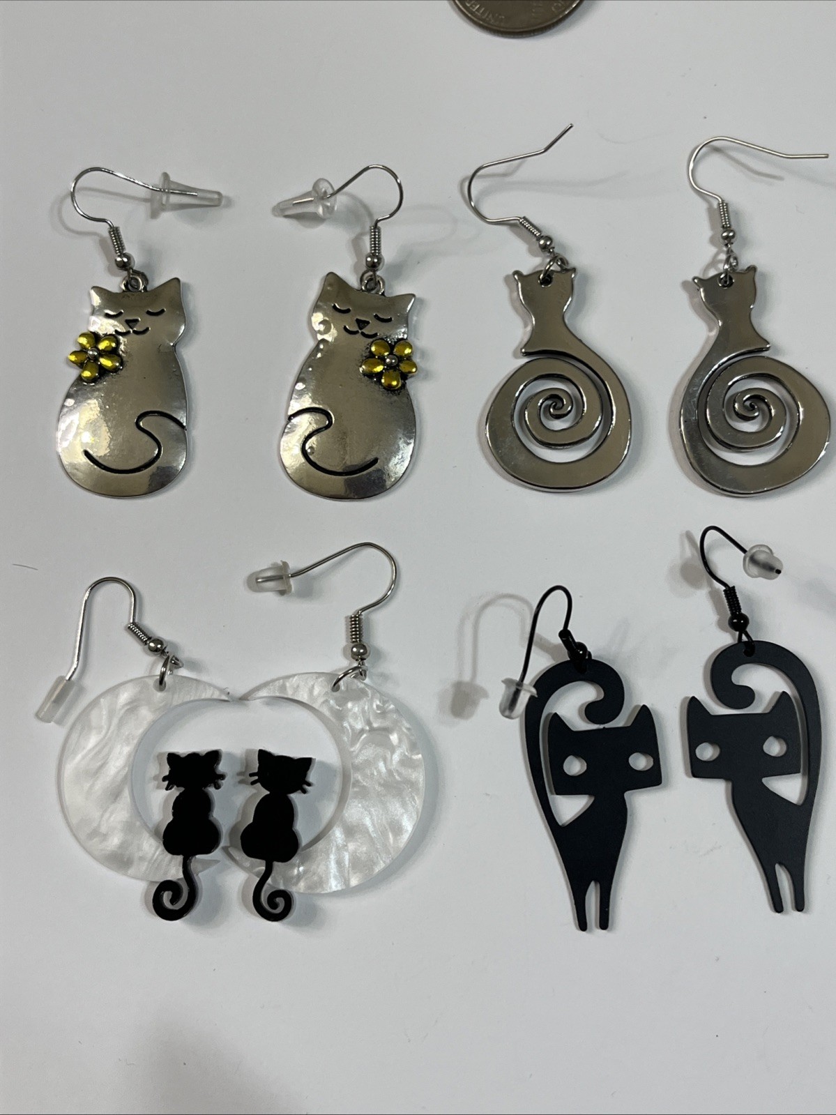 Cat Pierced Earrings Lot of 4 Kitty Black Cat Moon Flower Silvertone Halloween