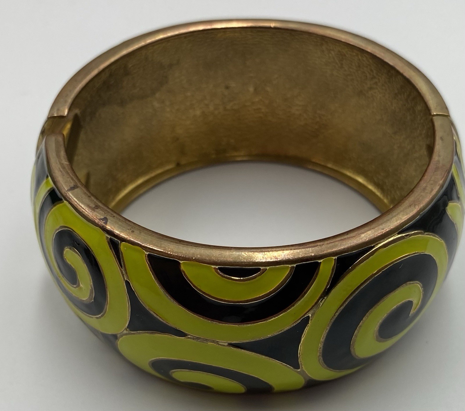 Clamper Bangle Bracelet Lime Green Enamel Swirls Chunky
