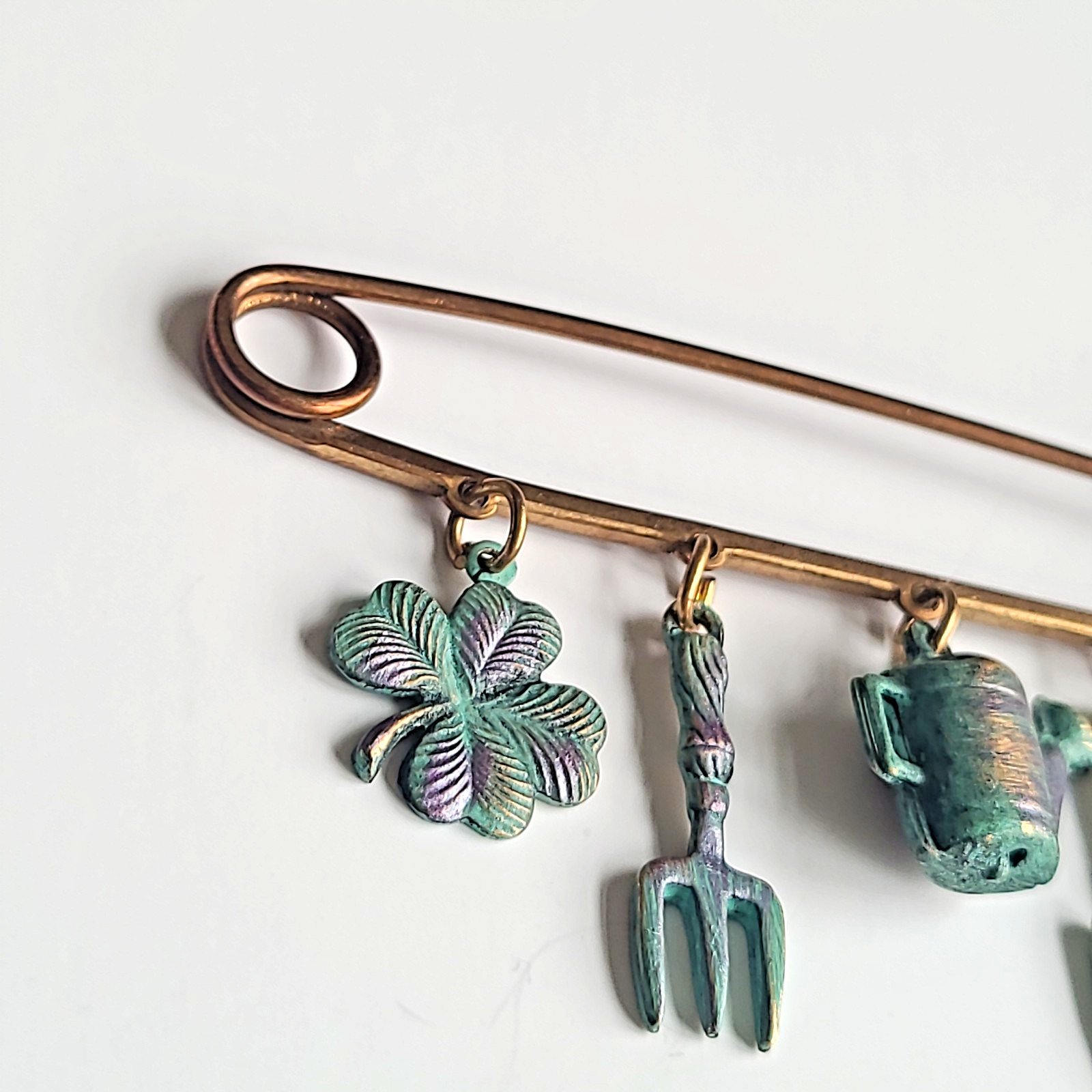 Vintage Gardening Charm Dangle Brass Safety Pin Brooch Handmade Metallic Garden