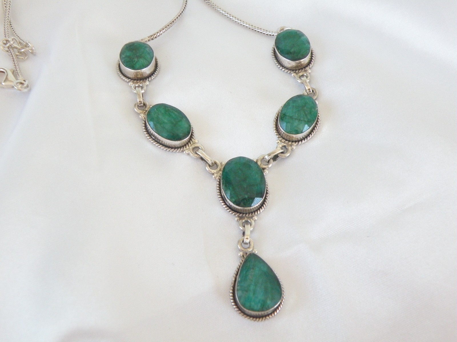Vintage Sterling Silver 925 Large Natural Raw Emerald Statement Necklace 19″