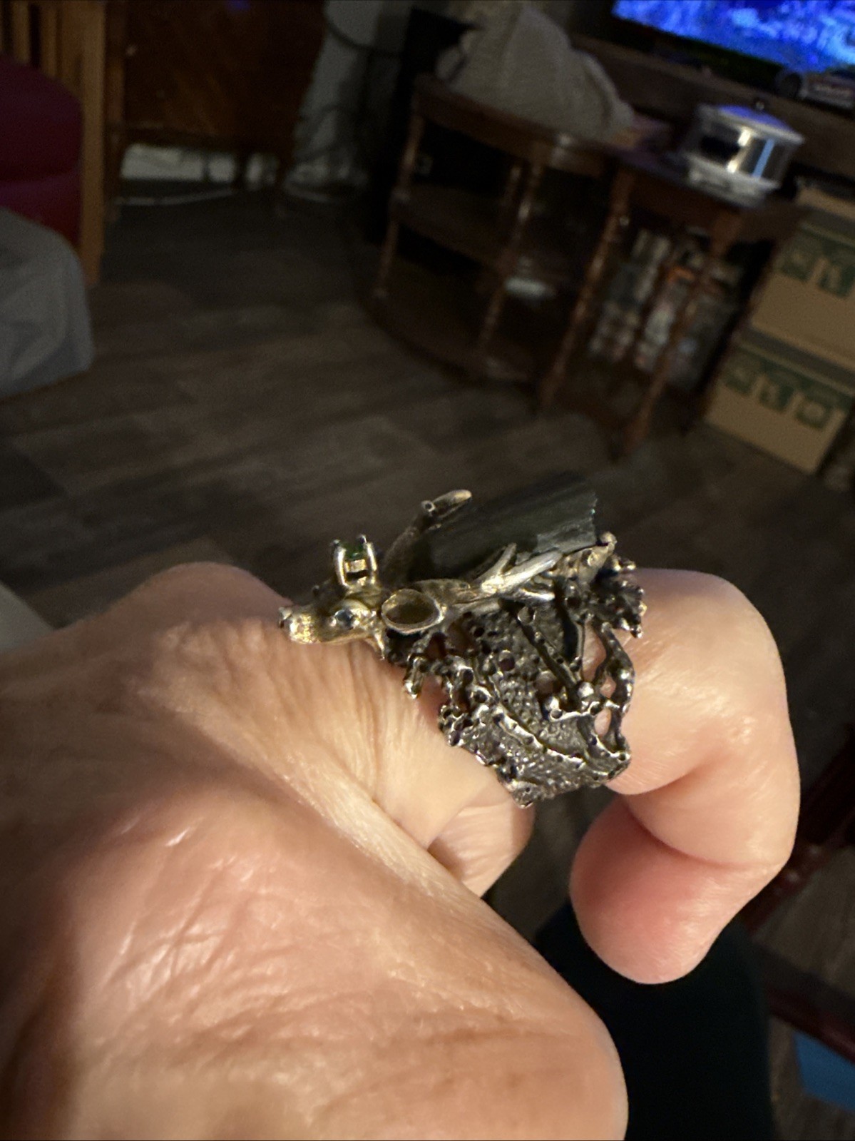 Vintage Reindeer Ring Sterling With A Black Beryl Stone And A Green Stone Size 8