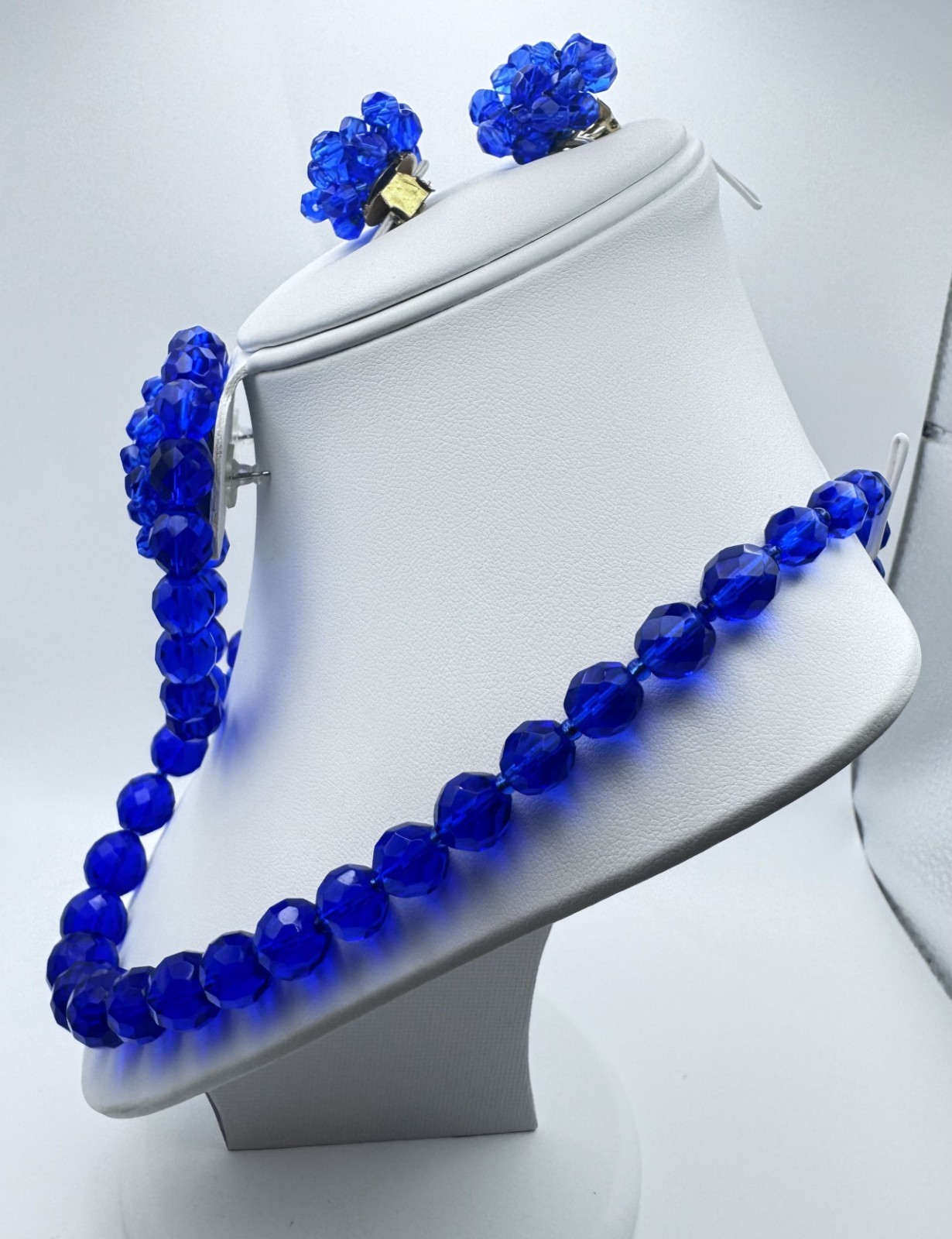 VTG Blue Glass Bead Necklace Bracelet Pierced and Clip On Earrings Set