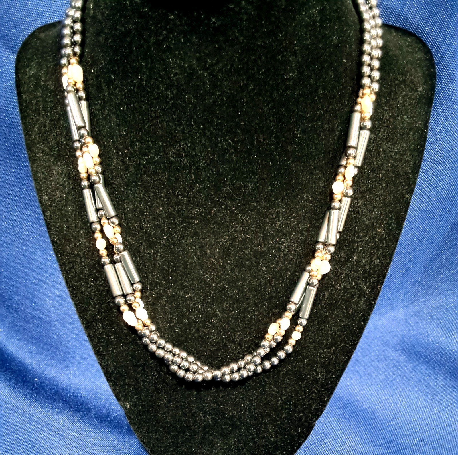 Obsidian Bead three strand necklace with Freshwater Pearls & goldtone Beads 18″
