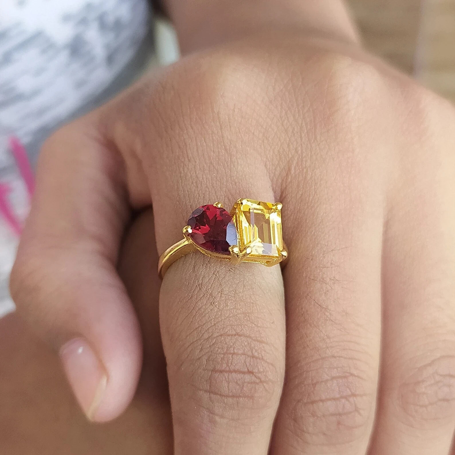 14K White Gold Plated Emerald and Pear Cut Lab Created Citrine & Garnet Ring