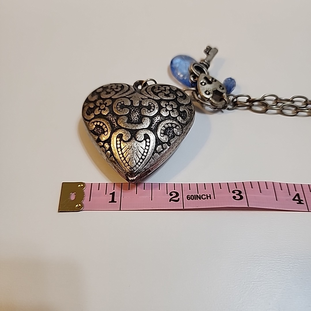 Vintage Style Silver Tone 12″ Necklace With Puffed Heart & Charms ~ Lobster Claw