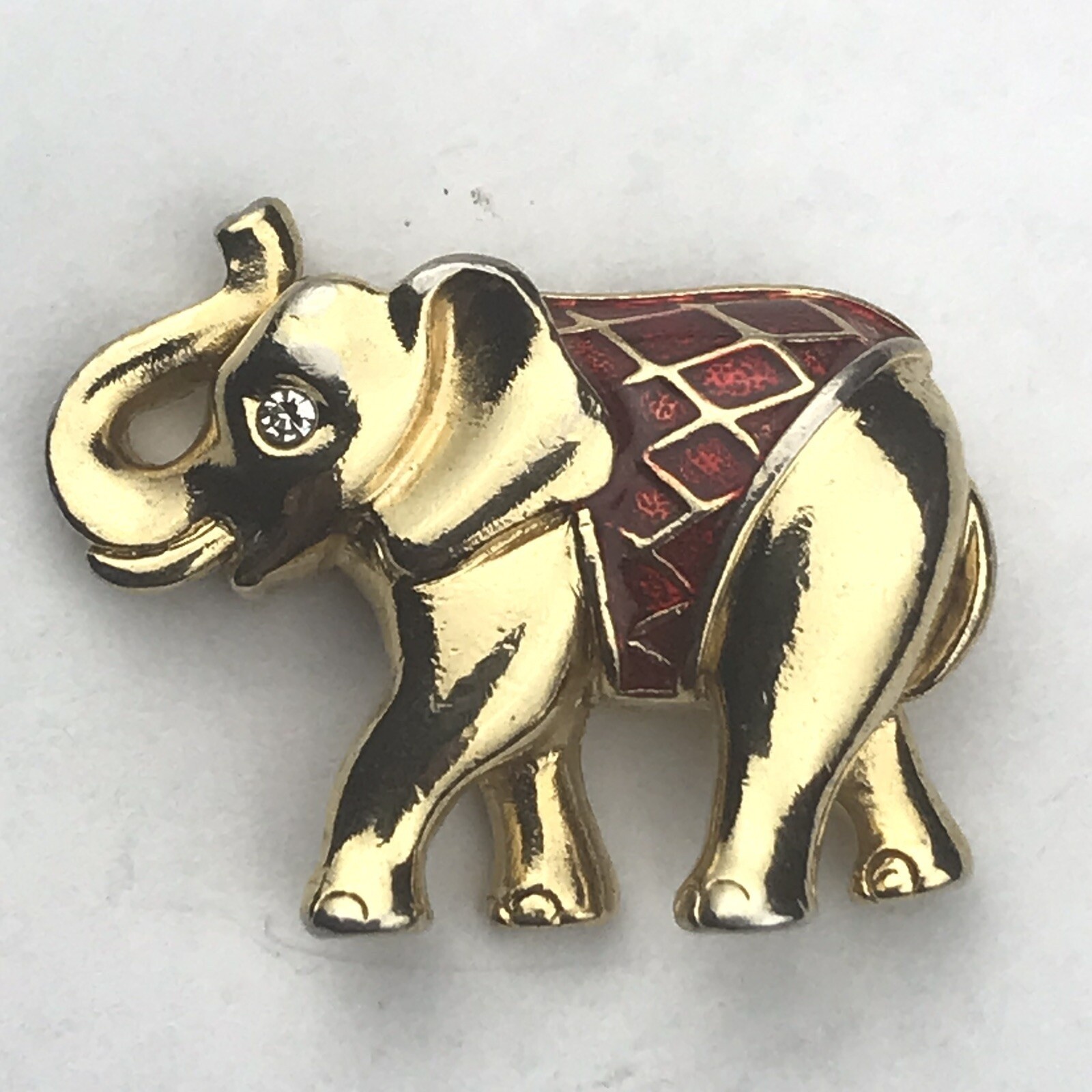 Vintage Gold Red Enamel Elephant Pin Brooch Trunk Up Good Luck Charm