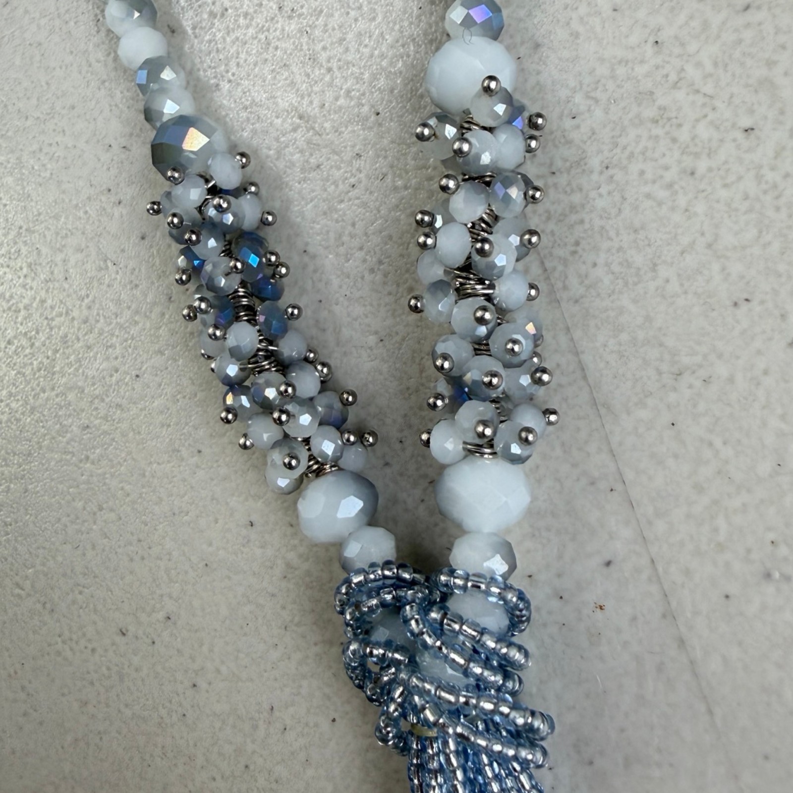 Vintage AB Faceted Crystals Necklace 90s Beaded Tassel Flapper White/Blue-Gray