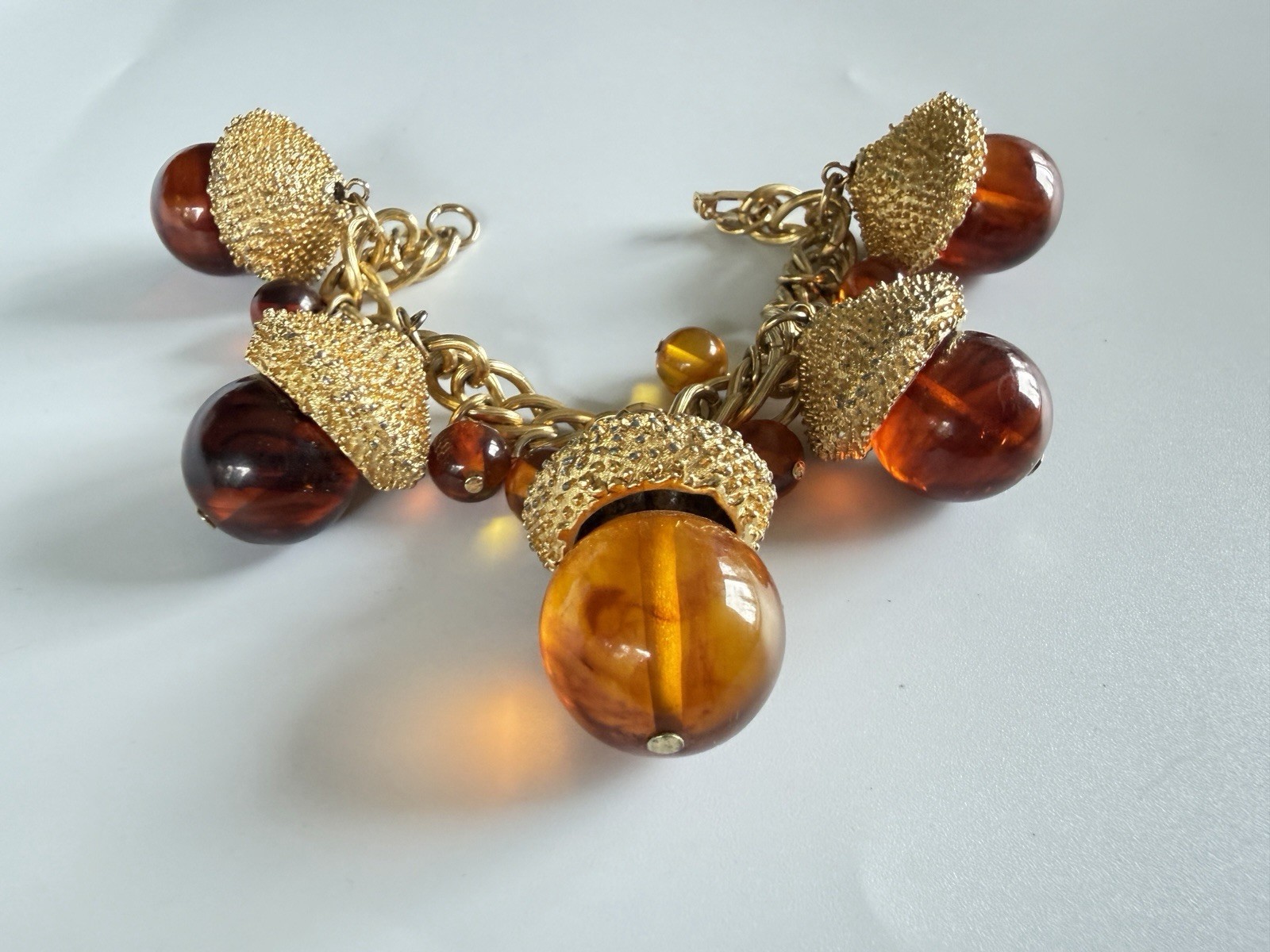 Vintage MCM Chunky Acorn Charm Bracelet Oversized Amber Glass Style Lucite Gold