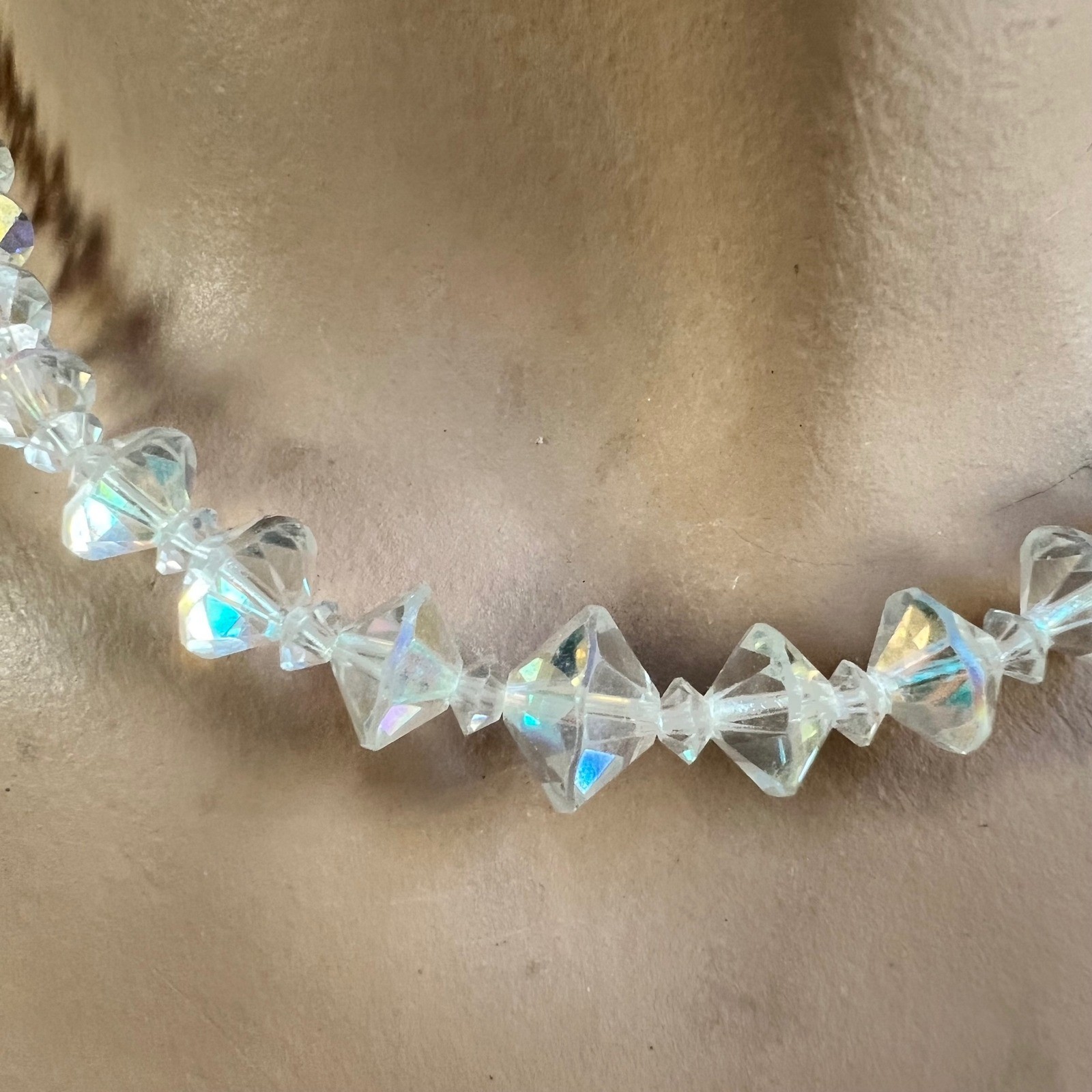 Circa 1950 Aurora Borealis AB Crystal Graduated Bicone Bead Necklace 16-18.5″