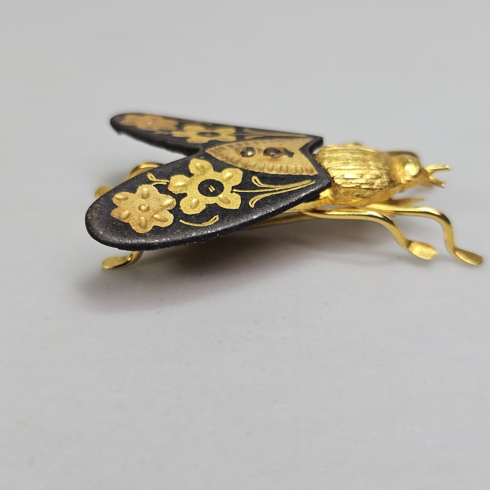 Vintage Damascene Fly Brooch Insect Bug Toledo Spain Gold Leaf