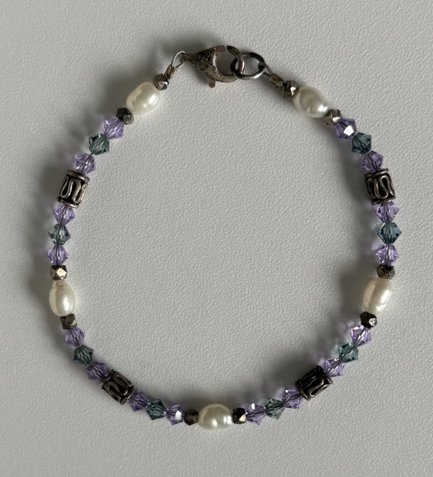 Vintage 925 Sterling Silver Teal and Purple Crystal, Pearl, Bead 7.25” Bracelet