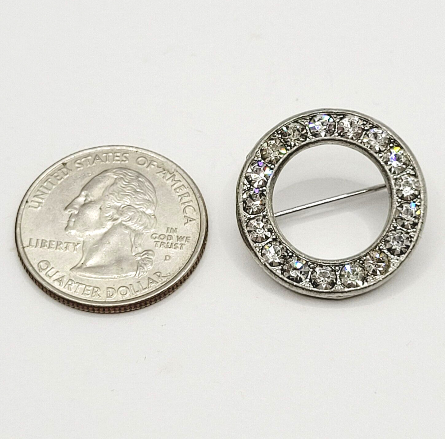 Sparkly Rhinestone Ring Circle Silver Tone Scatter Scarf Brooch Pin Vtg 1970s