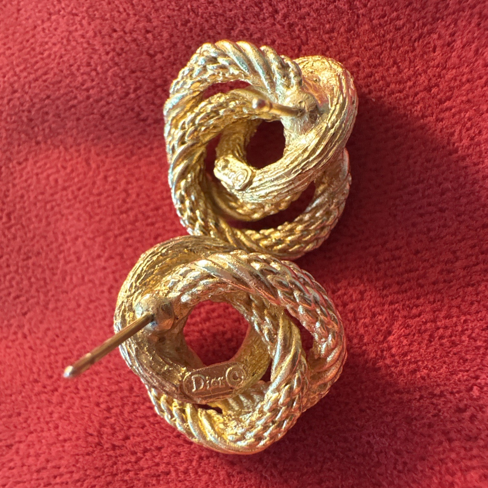 Vintage Christian Dior Stamped Gold Tone Rope Knot Twist Earrings w/ Post Back