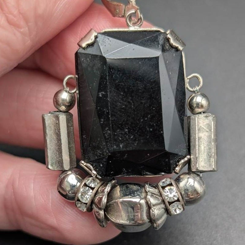 Vtg Earrings Statement Black Silver Geometric Faceted Glass Rhinestone Polished