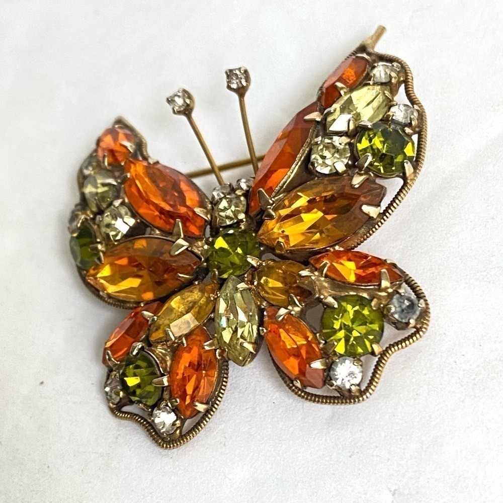 Vintage La Roco Butterfly Brooch Orange Green Rhinestone Pin Retro Estate Piece