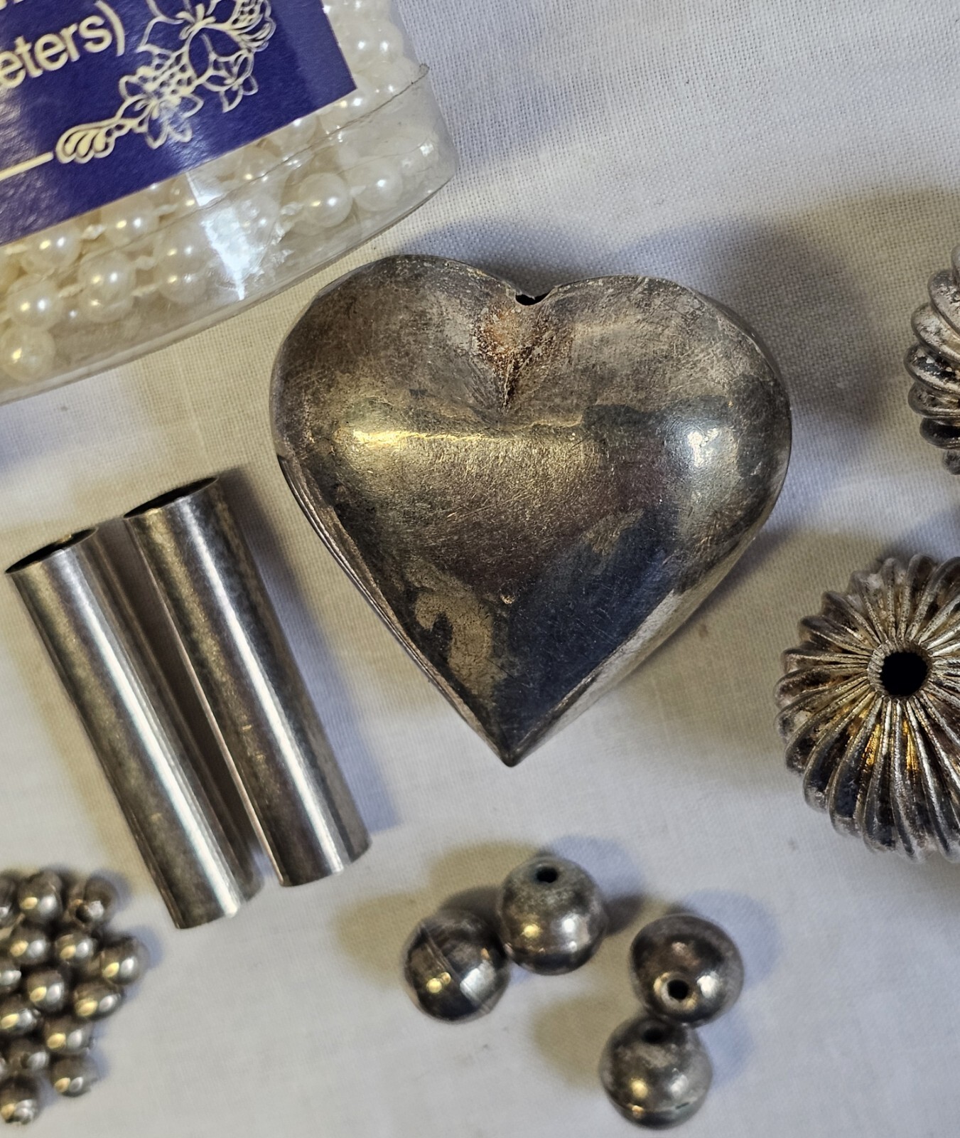 Vintage Jewelry Making Set Pearl String Kit Small-Large Metal Beads Silver Heart