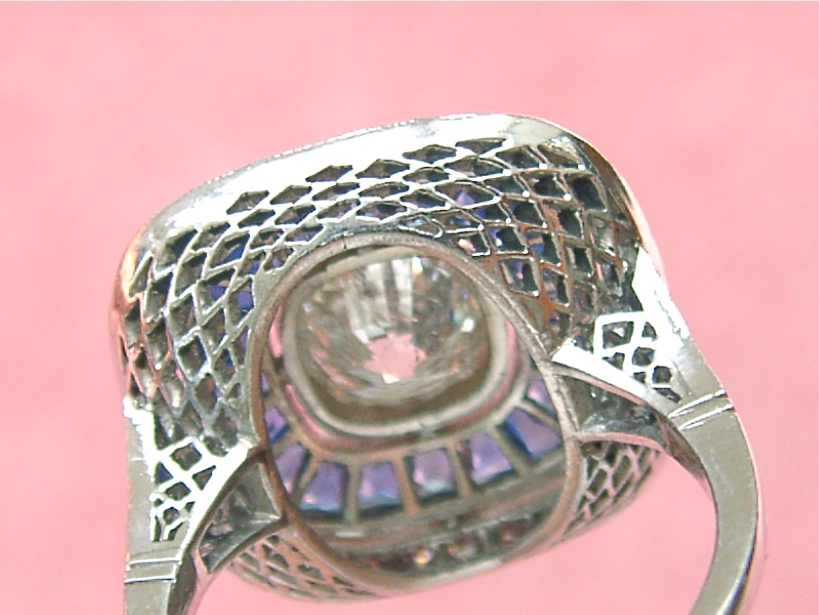 ART DECO 1.97ctw DIAMOND 1.2ctw SAPPHIRE HALO ENGAGEMENT CUSHION COCKTAIL RING