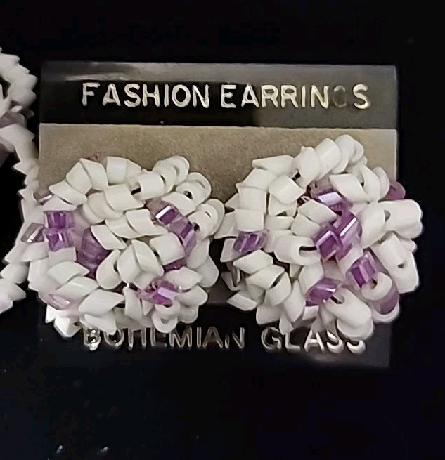 Bohemian Glass Vintage Necklace & Pierced Earring Set White/Purple/Pink 80s-90’s