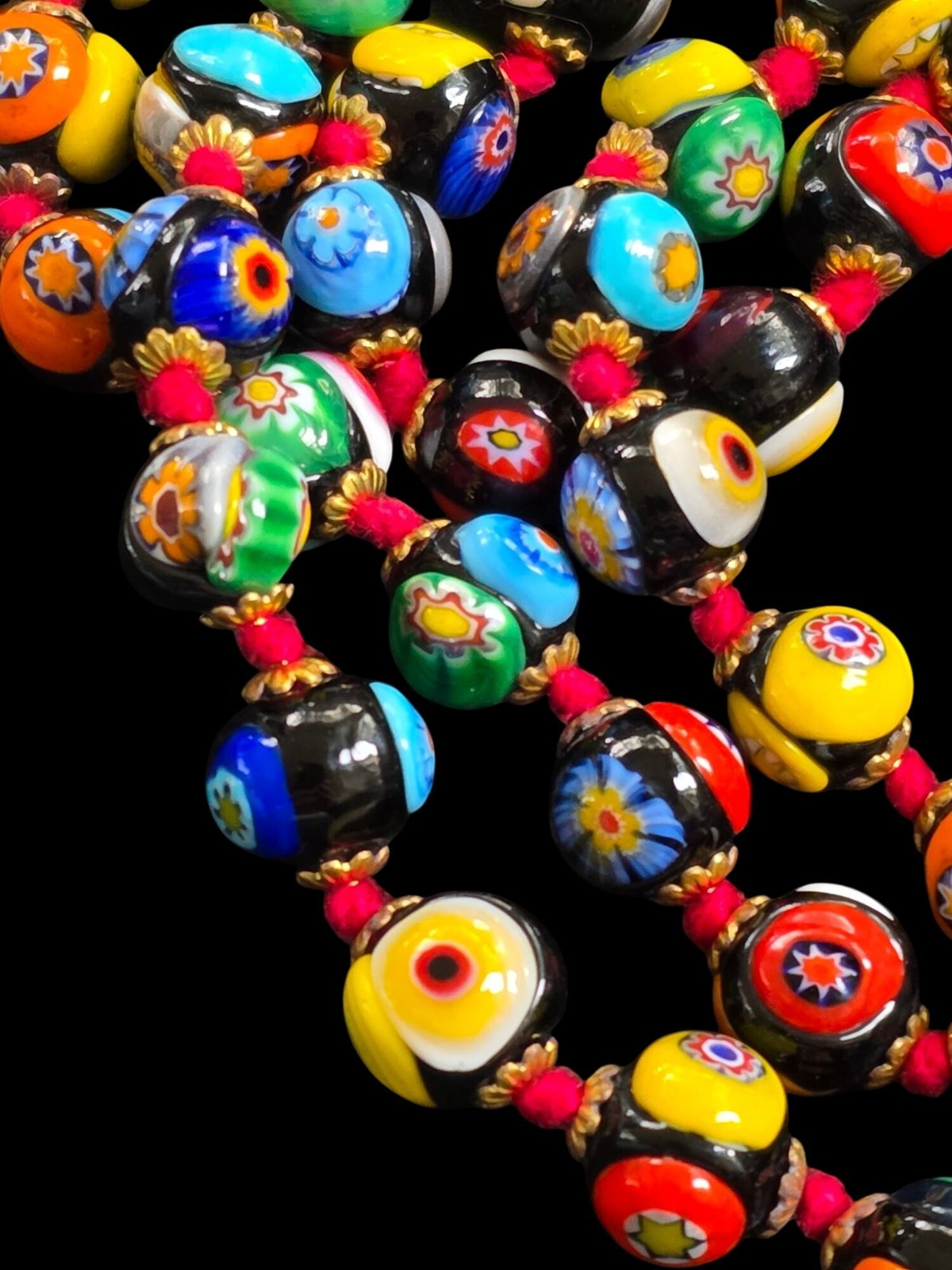 Vintage Multi Color Murano Millefiori Venetian Art Glass Round Beads Hand Knot