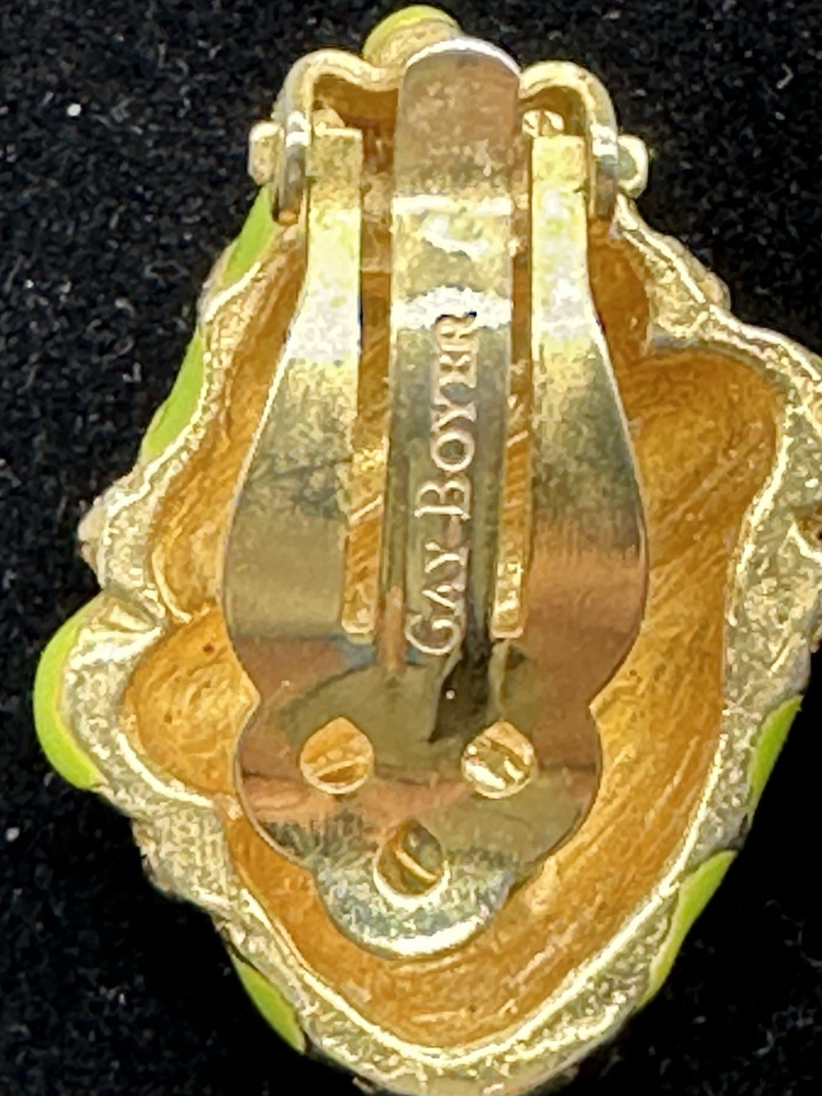 GAY BOYER Clip On Earrings Shell Goldtone Green Enamel Vintage