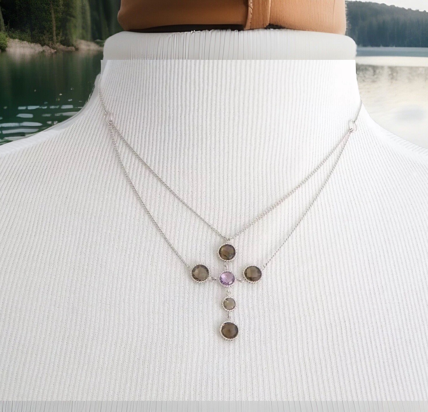 Vintage Sterling Silver 925 Natural Amethyst Lavalier Choker Necklace 16″