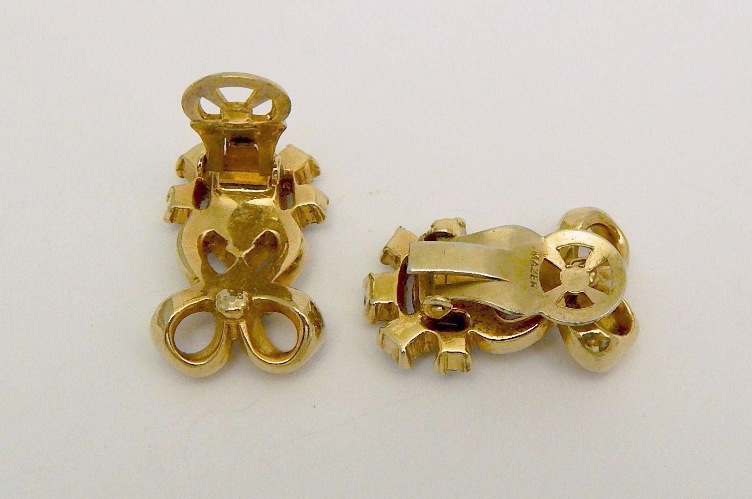 Mazer Clear & Blue Topaz Color Rhinestone Gold Tone Bow Clip Earrings Free Ship