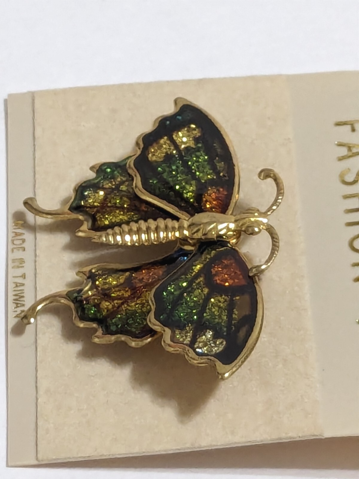 Gold Tone Multi Colored Butterfly Brooch. New. Gold, Brown & Green With Glitter