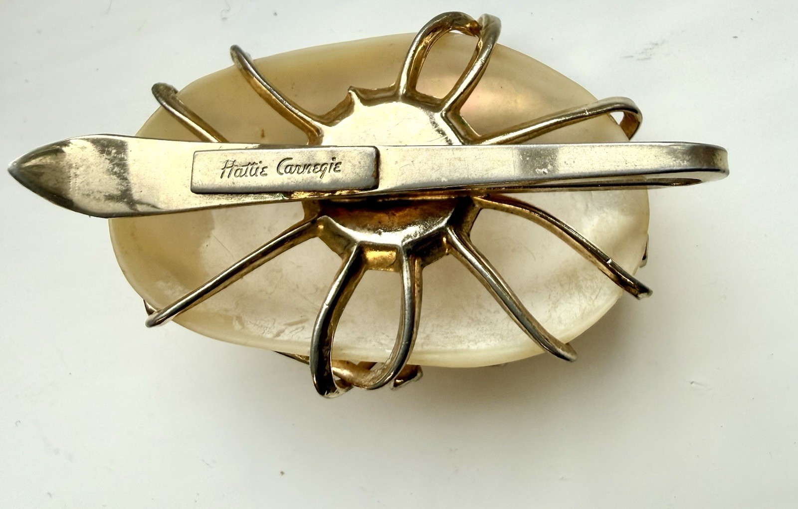 Signed Hattie Carnegie Vintage Fur Clip Faux MOP Shell Rhinestone Gift