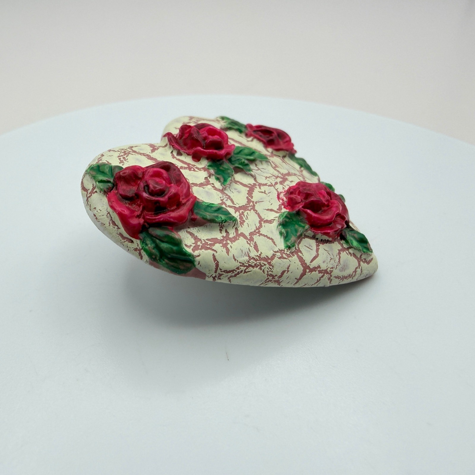 Vintage White Pink Painted Clay Heart Floral Love Beauty Lapel Pin Brooch