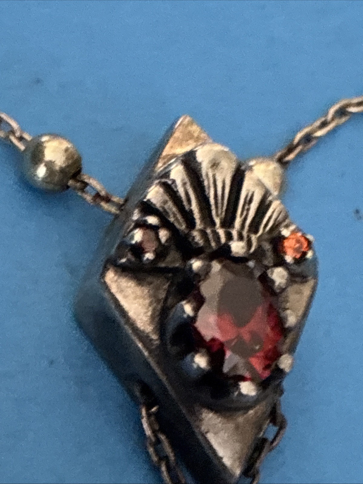 Antique Art Deco Sterling Silver Lavalier Red Garnet Pendant Necklace 17”
