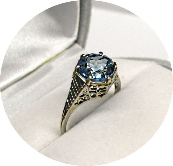 Estate Art Deco Ring – LONDON Blue Topaz – Solid 14kK White Gold Filigree Mtg…