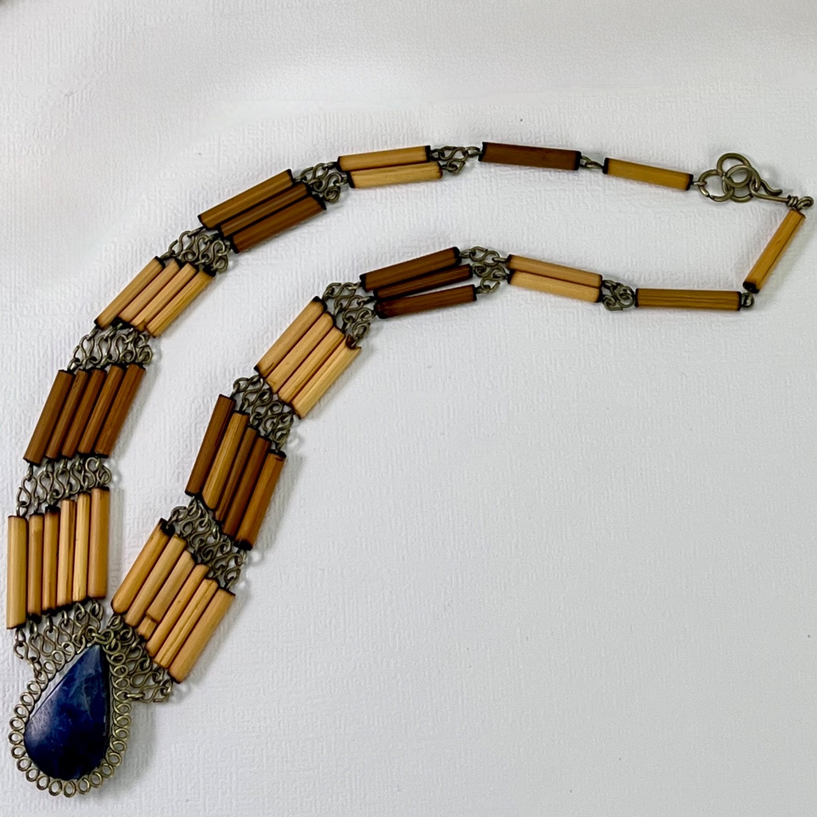 Vintage Boho Necklace Blue Stone Pendant Bamboo Bead Bib Statement 16”